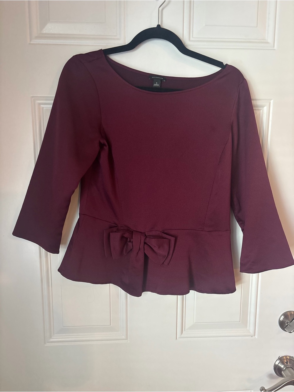 Ann Taylor Wine Bow-Peplum 3/4 Sleeve Top